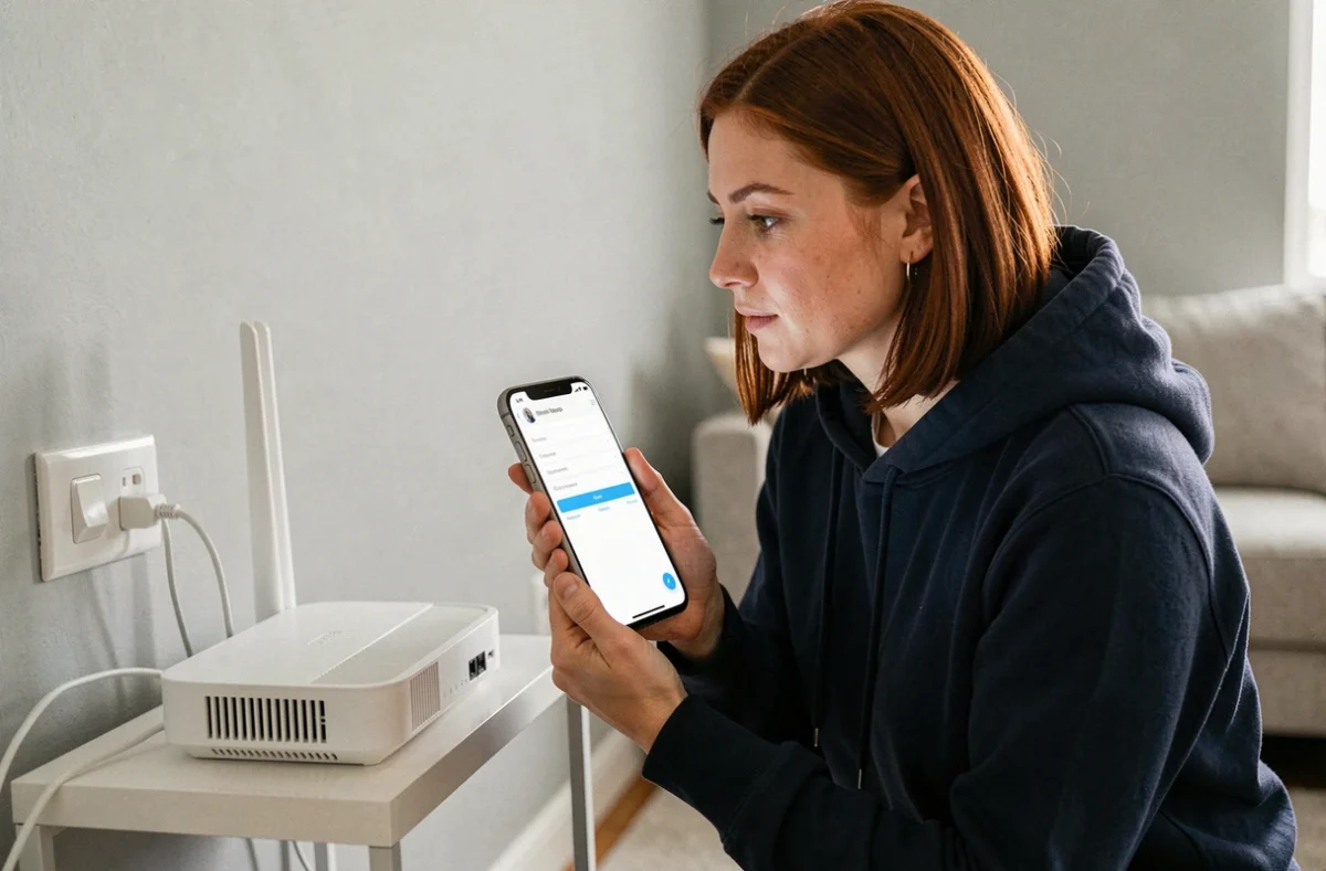Femme accédant à l'interface d'administration du routeur via smartphone avec l'adresse IP locale affichée