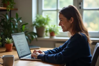 Femme accédant à sa messagerie Orangee sur un ordinateur portable depuis son bureau à domicile