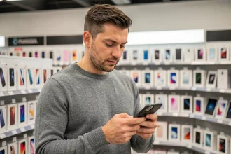 Homme examinant un smartphone reconditionné dans un magasin d'électronique