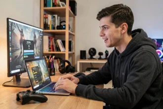 Jeune homme activant un code de jeu vidéo sur son ordinateur portable dans un bureau gaming moderne