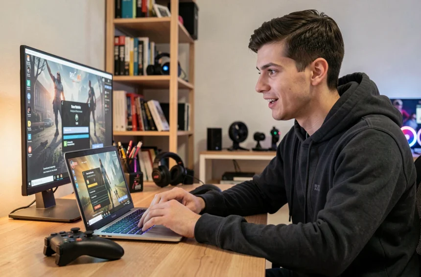 Jeune homme activant un code de jeu vidéo sur son ordinateur portable dans un bureau gaming moderne