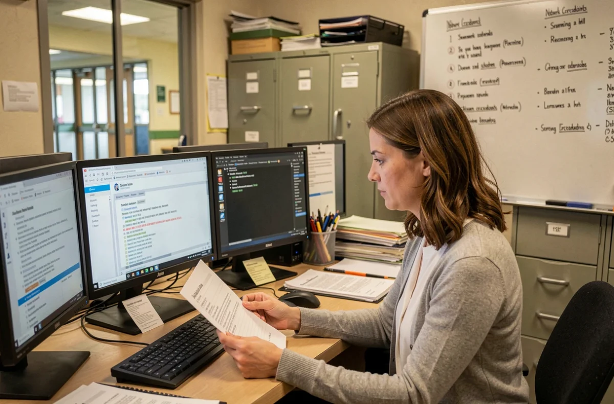 Administratrice informatique gérant des problèmes de comptes Eduline dans un bureau administratif scolaire
