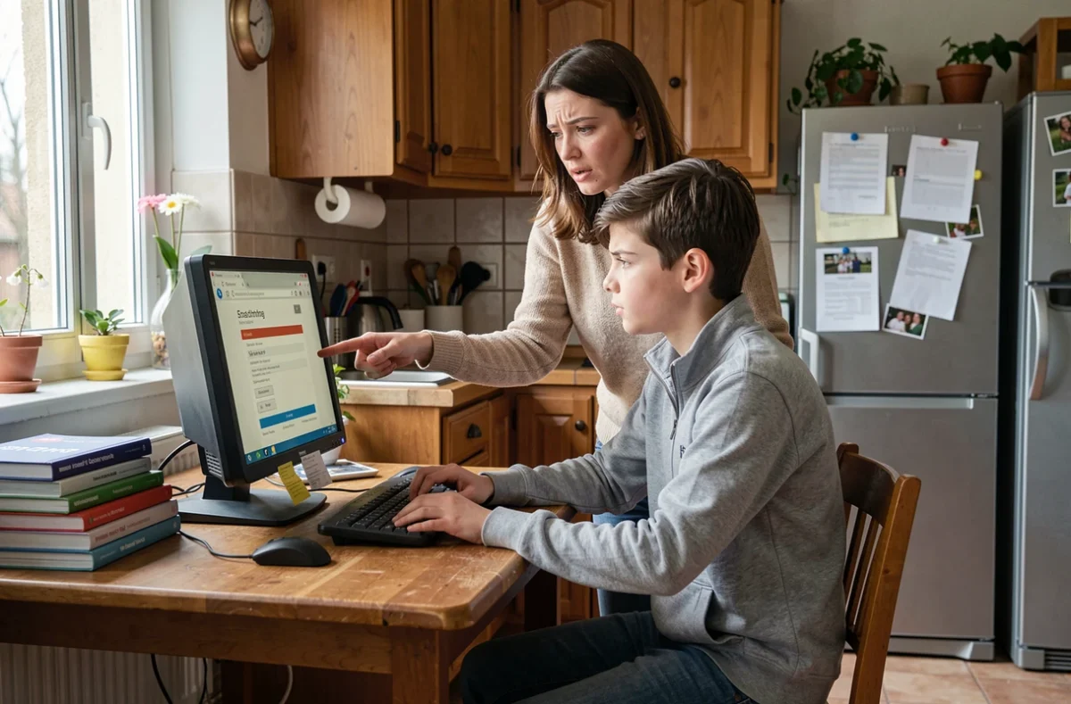 Adolescent et sa mère tentant de résoudre un problème de connexion au portail scolaire Eduline depuis leur domicile