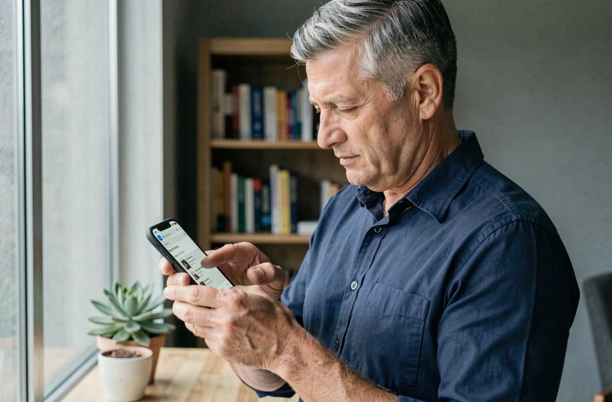 Homme en télétravail ajoutant une page web en favori sur son smartphone