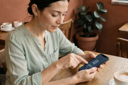 Femme utilisant son smartphone pour ajouter un favori dans un café urbain