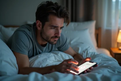 Homme endormi tendant la main vers son iPhone affichant une alarme sur table de nuit en bois