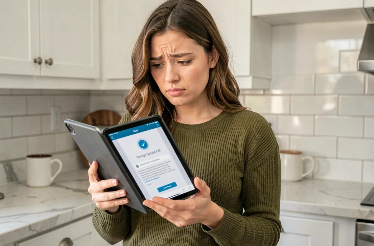 Jeune femme dans une cuisine tenant une tablette affichant une alerte de quota de stockage Google Photos dépassé en 2026