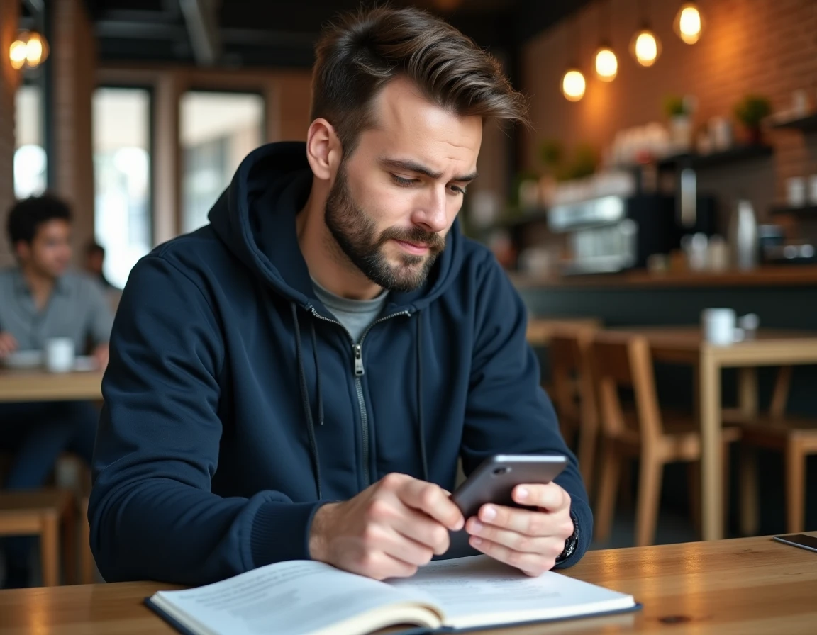Homme dans un café prenant des notes et utilisant des alternatives au surlignage sur WhatsApp avec un carnet et un smartphone