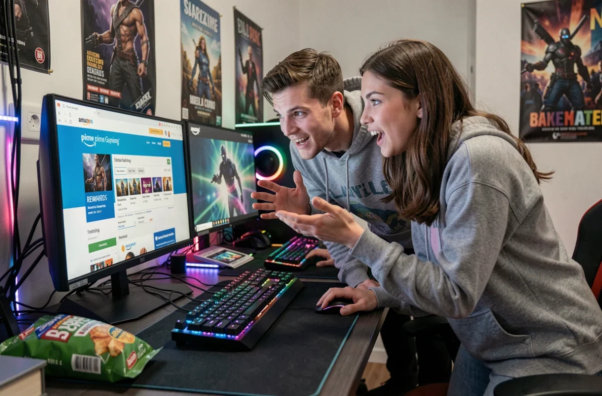 Deux amis découvrant leurs récompenses Prime Gaming sur une configuration multi-écrans dans une salle de jeu