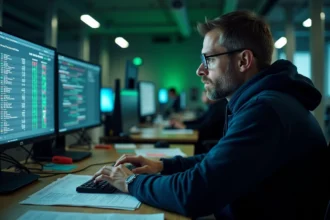 Analyste en cybersécurité examinant des rapports de menaces sur des écrans dans un centre opérationnel sécurisé