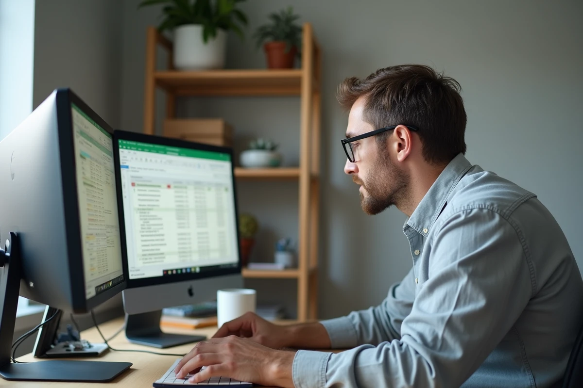 Analyste de données masculin transformant des lignes en colonnes avec Power Query sur deux écrans