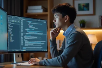 Jeune homme analysant une interface digitale complexe