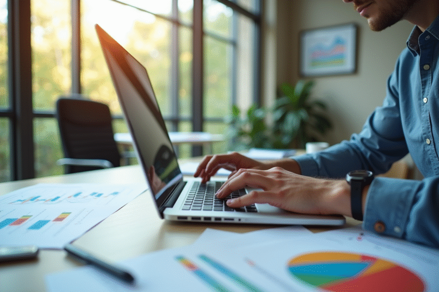 Marketeur numérique analysant des mots-clés longue traîne dans un bureau lumineux