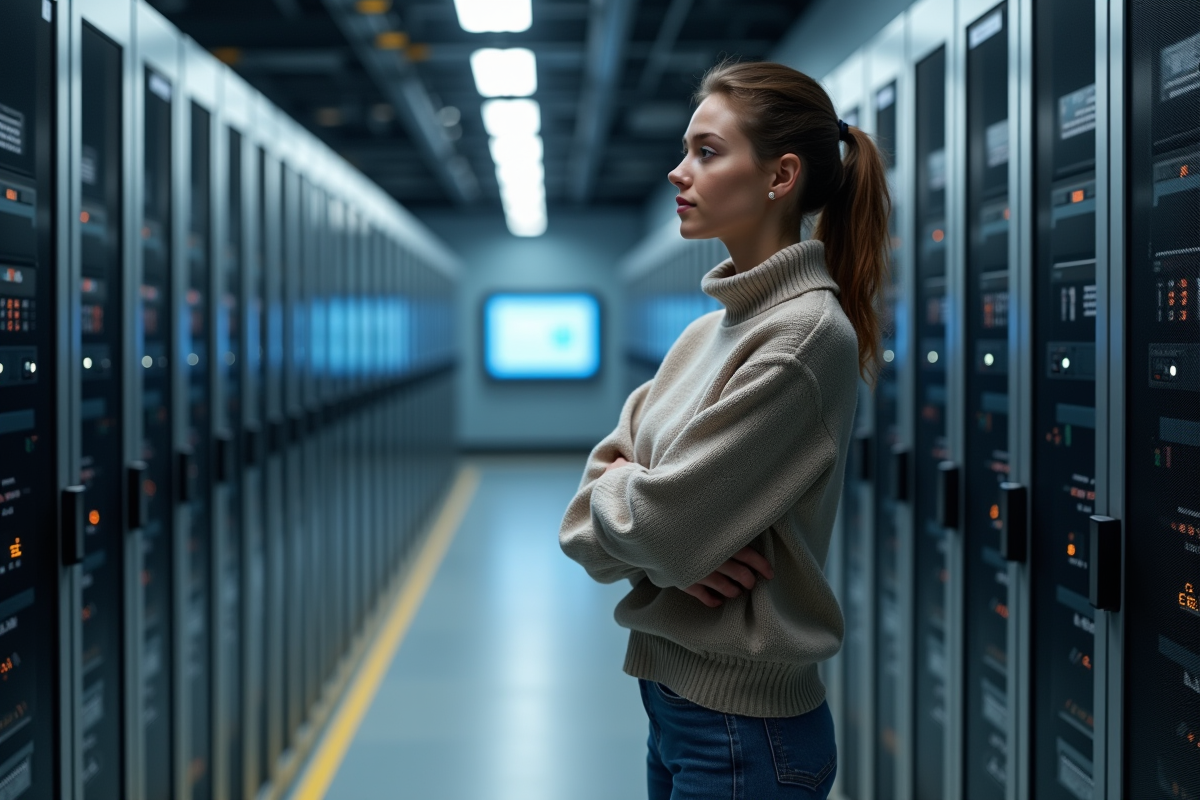 Jeune femme analyste cybersécurité dans un centre de données
