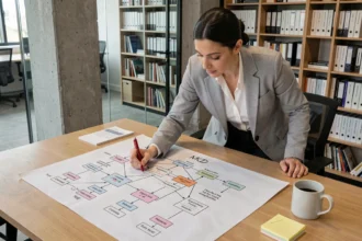 Une femme analyste annotant un diagramme MCD imprimé sur une table de conférence en bois dans un bureau moderne