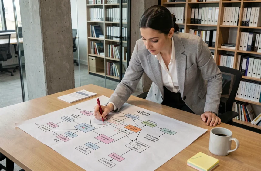 Une femme analyste annotant un diagramme MCD imprimé sur une table de conférence en bois dans un bureau moderne