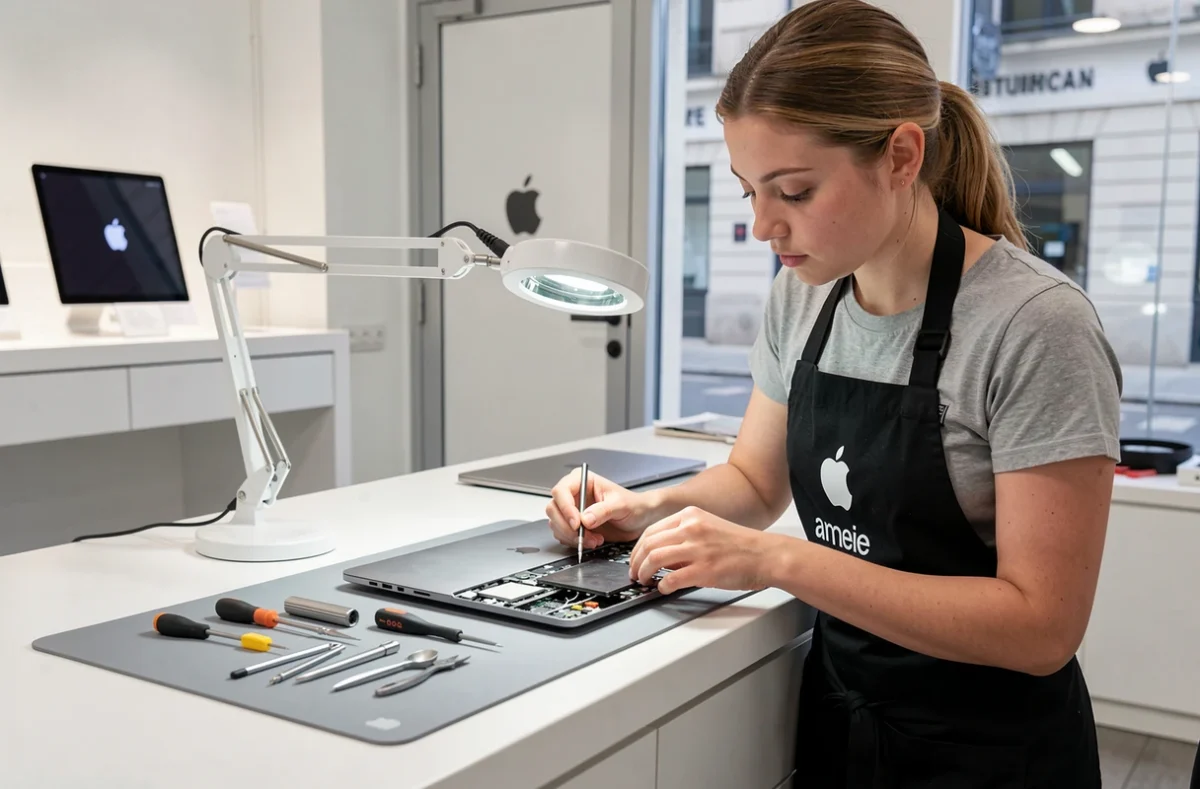 Technicienne Apple-Box Réparation inspectant un MacBook Pro démonté dans un atelier spécialisé Apple à Lyon