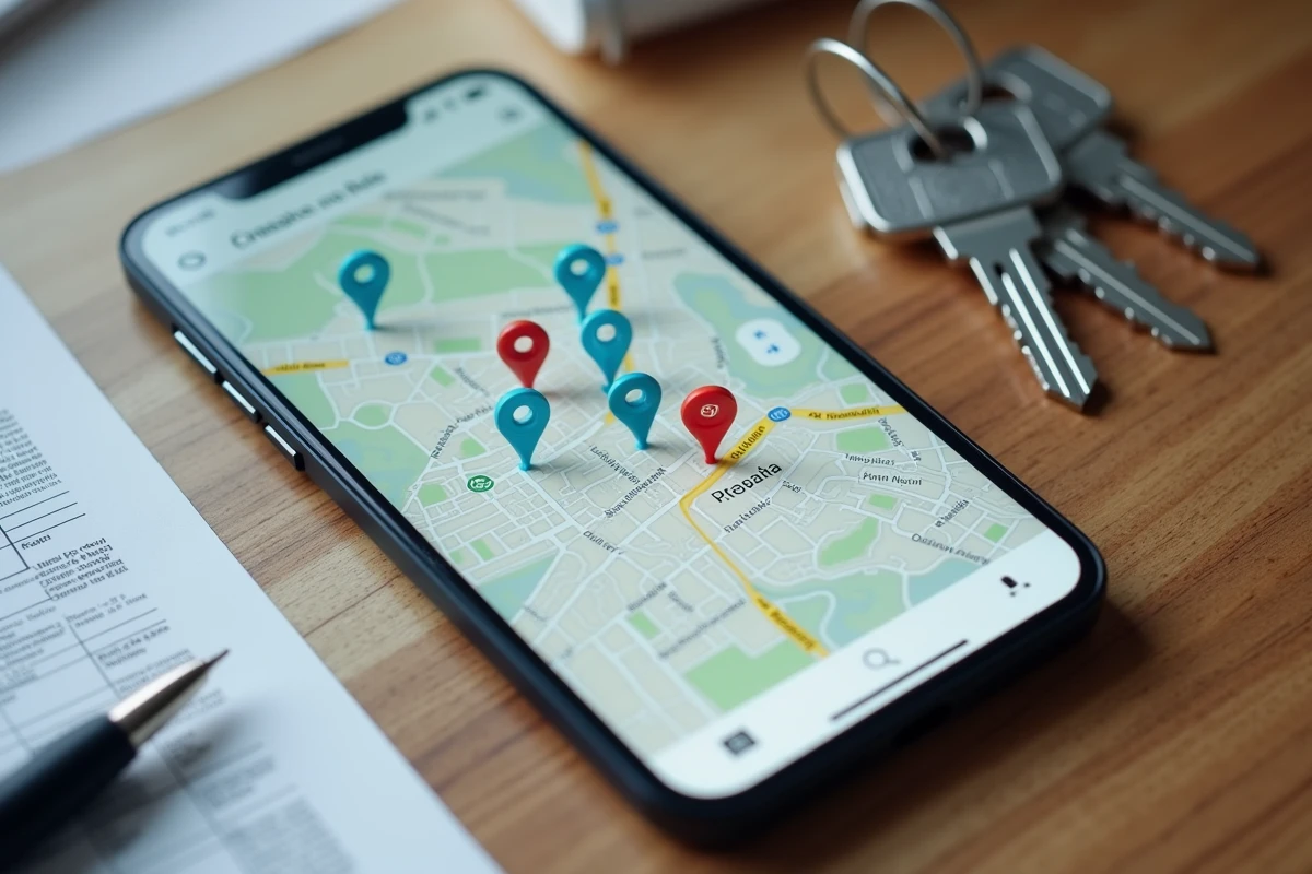 Application mobile de gestion immobilière affichant une carte de géolocalisation des propriétés sur smartphone posé sur bureau en bois