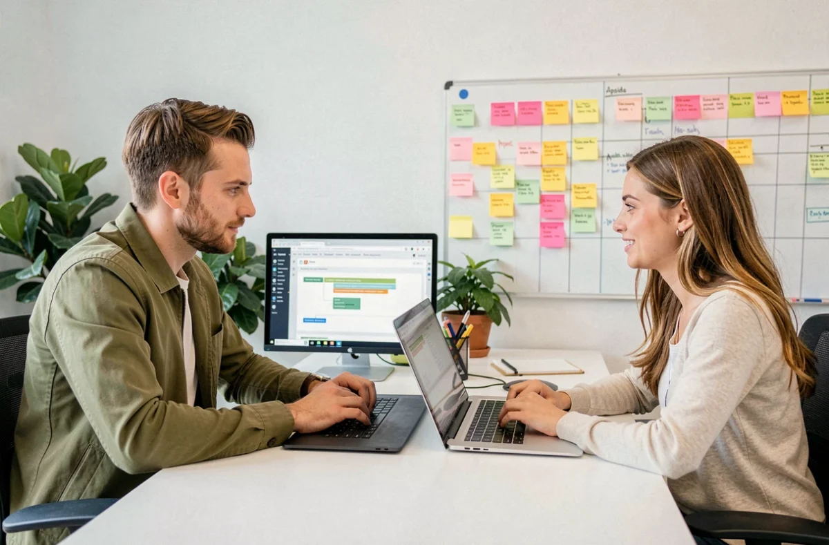 Deux ingénieurs Apside en session de pair-programming devant un tableau de bord agile dans un bureau dynamique et coloré