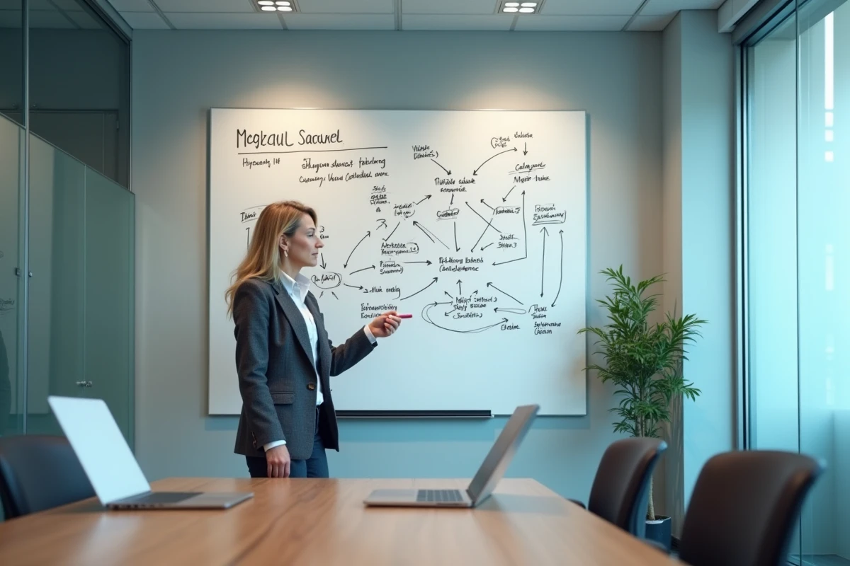 Architecte informatique féminine présentant un schéma de migration Personal vDisk vers Citrix UPL sur un tableau blanc en salle de réunion professionnelle