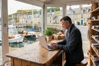 Artisan breton travaillant sur son site internet dans sa boutique