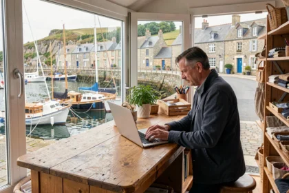Artisan breton travaillant sur son site internet dans sa boutique