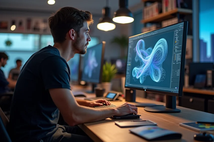 Jeune artiste VFX travaillant sur un projet 3D Neural Radiance