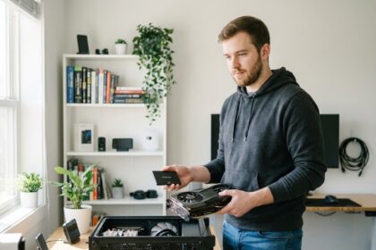 Jeune homme assemble un PC haut de gamme dans un bureau moderne