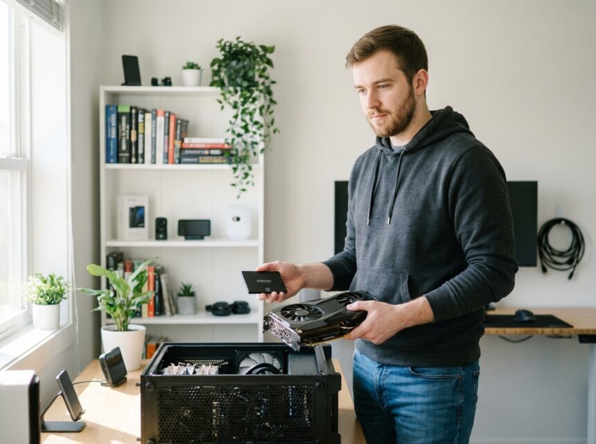 Jeune homme assemble un PC haut de gamme dans un bureau moderne