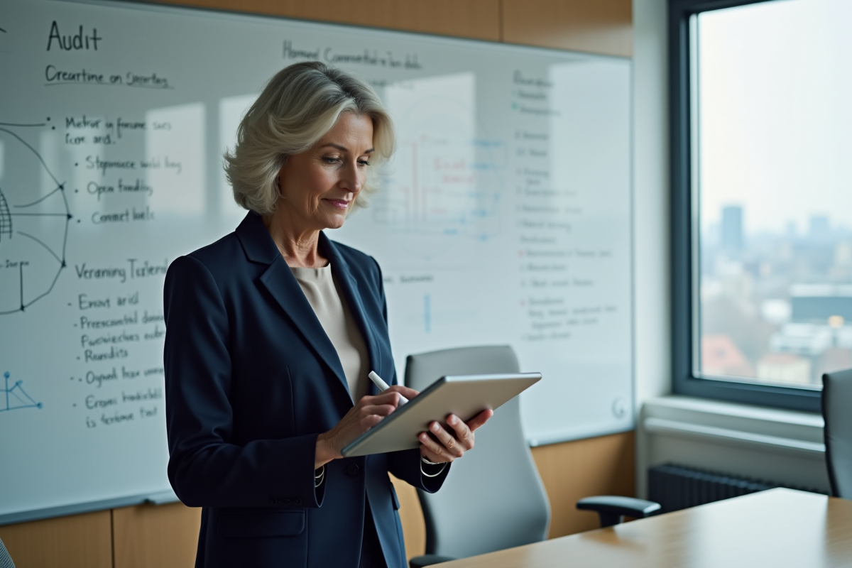 Auditrice expérimentée vérifiant une checklist sur tablette