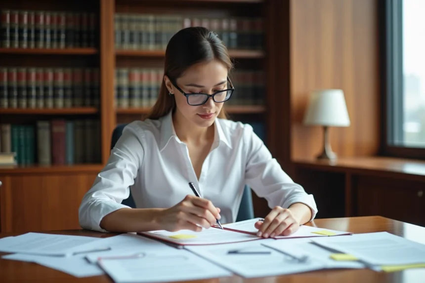 Avocate étudiant un contrat lié aux droits d'auteur dans un cabinet juridique professionnel