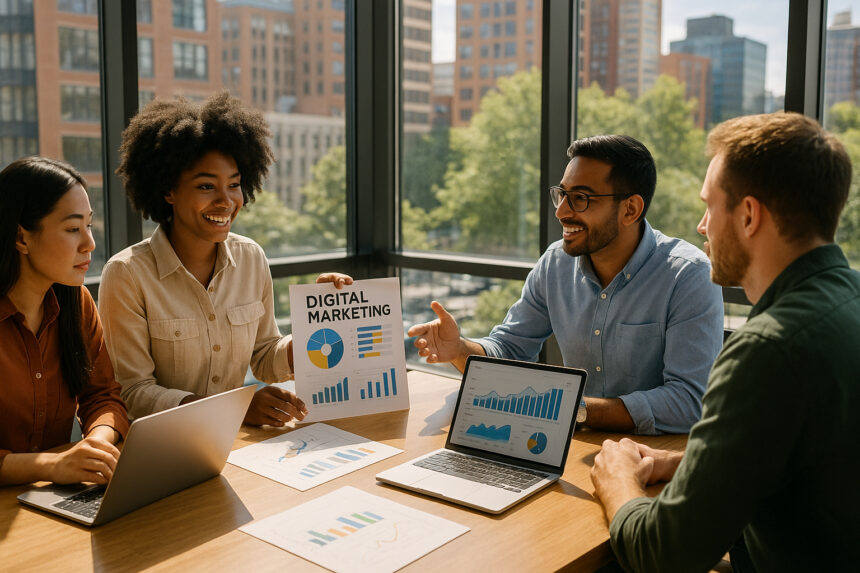 Photo d'un bureau moderne avec une équipe diverse discutant stratégie marketing