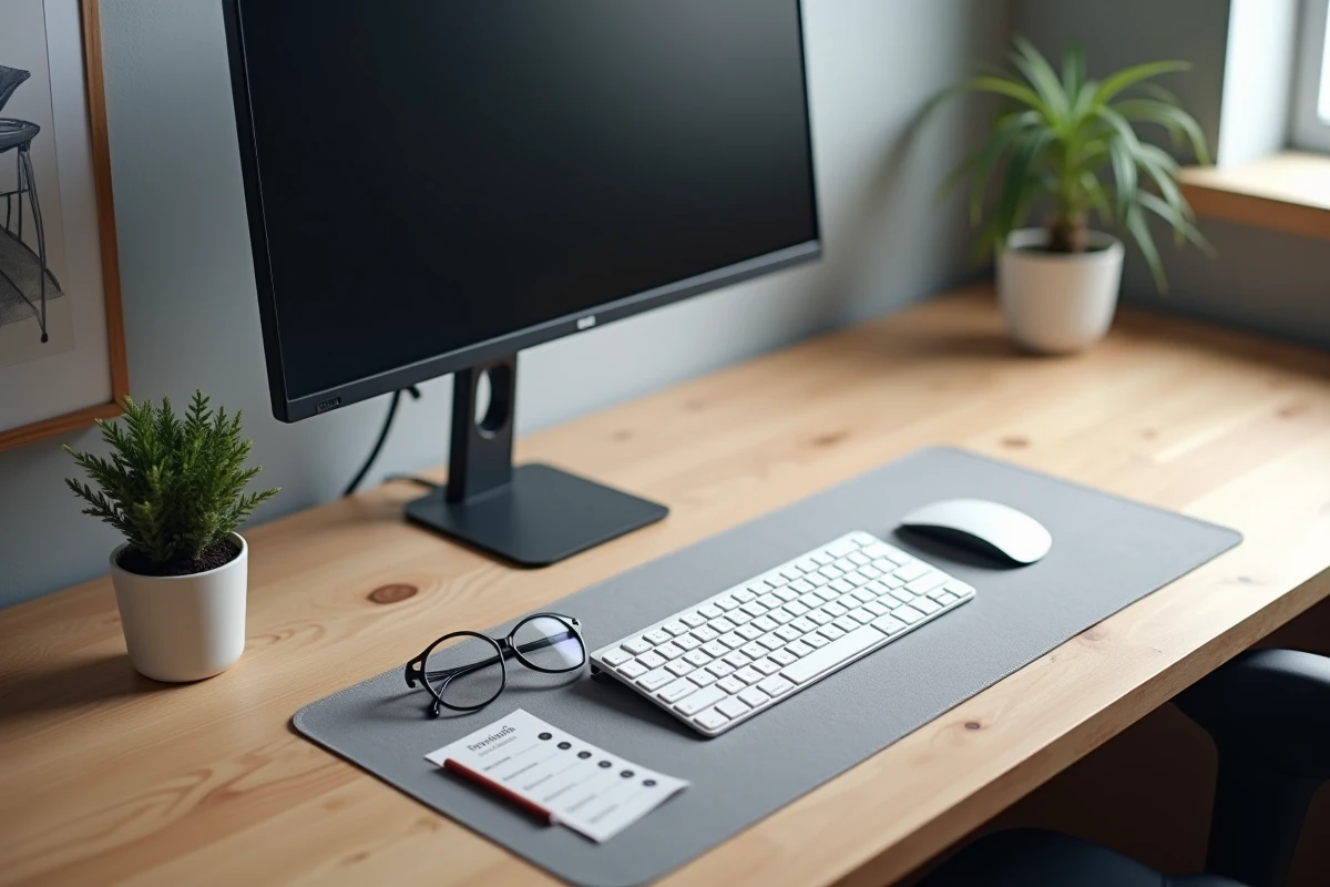 Bureau ergonomique avec écran 24 pouces bien positionné, lunettes anti-lumière bleue et checklist d'ergonomie visuelle