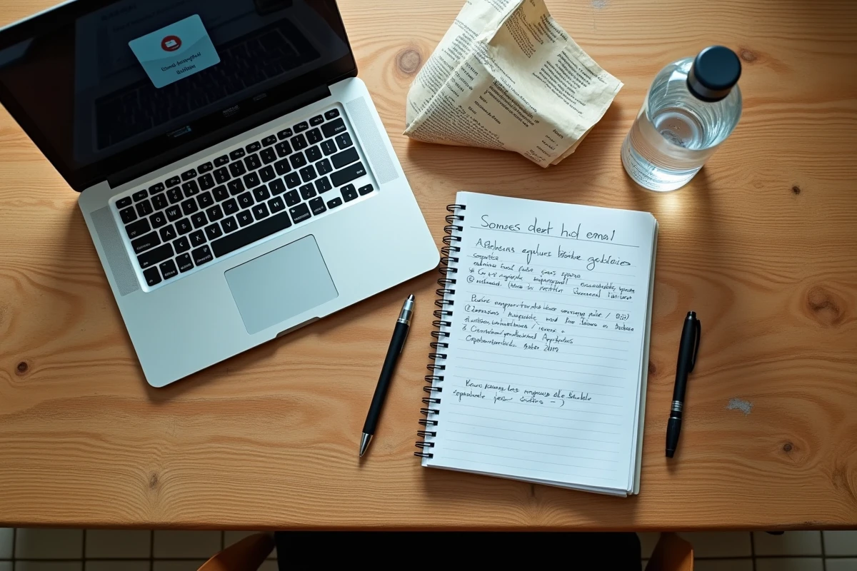 Vue aérienne d'un bureau d'étudiant avec ordinateur portable affichant Zimbra, cahier de notes et emploi du temps imprimé en bibliothèque universitaire