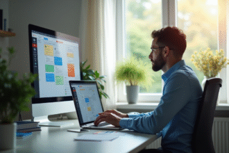 Personne organisant ses emails dans un bureau lumineux