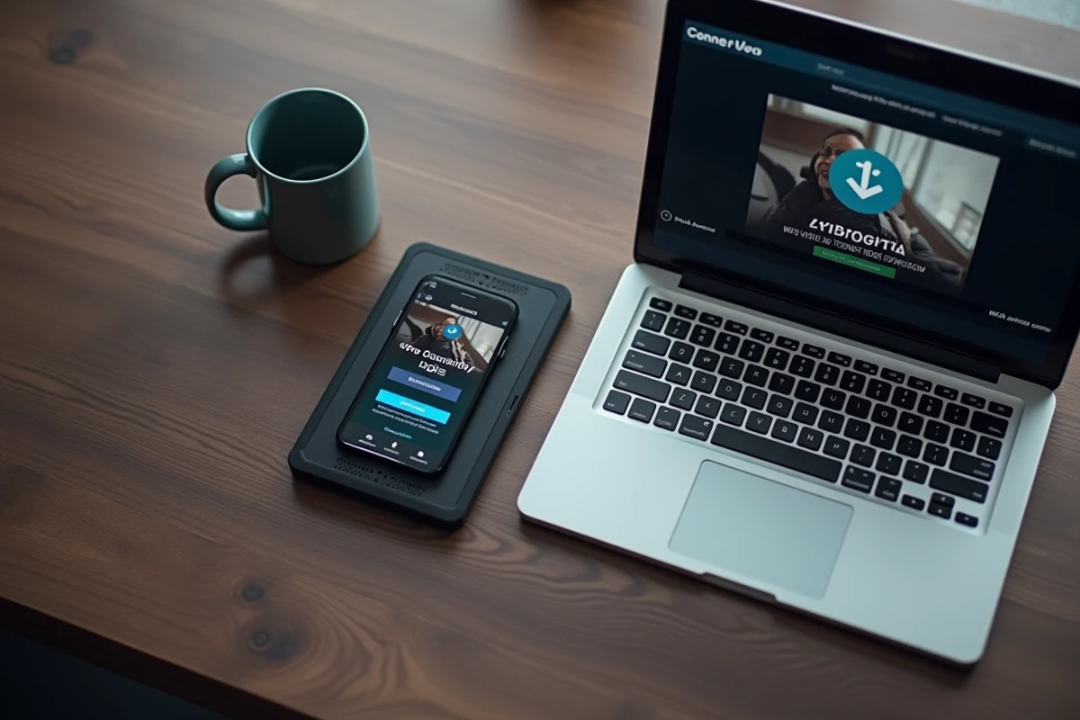 Bureau avec ordinateur portable et smartphone affichant des outils alternatifs pour télécharger des vidéos en MP4