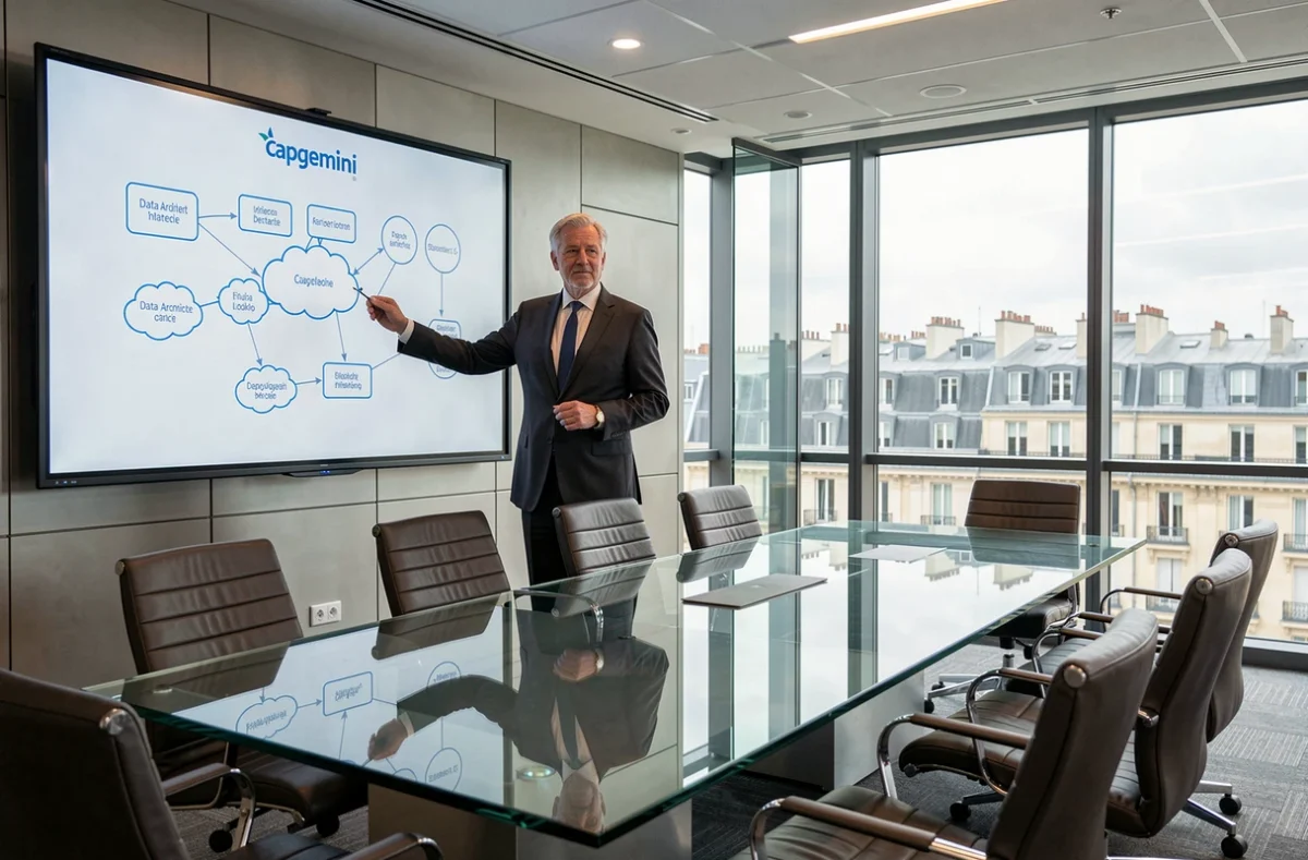 Architecte senior Capgemini présentant un schéma d'infrastructure cloud dans une salle de réunion corporate avec vue sur la ville