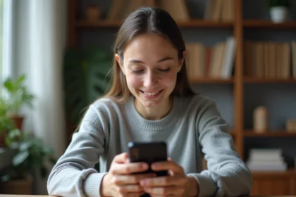 Femme tenant un smartphone Samsung pour faire une capture d'écran, fichiers enregistrés dans la galerie du téléphone