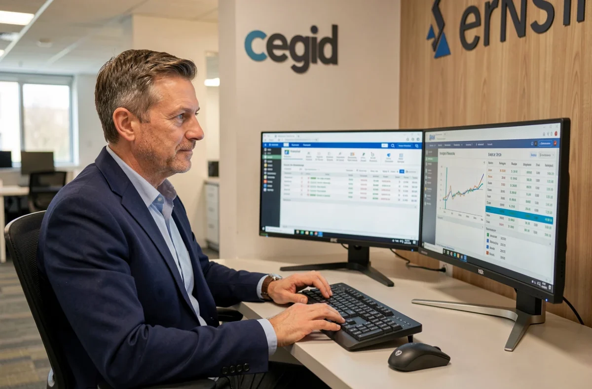 Ingénieur logiciel travaillant sur l'interface ERP de Cegid dans un bureau d'entreprise moderne à Lyon