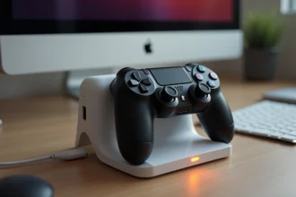 Chargeur de manette PS4 posé sur un bureau en bois avec une manette DualShock en charge