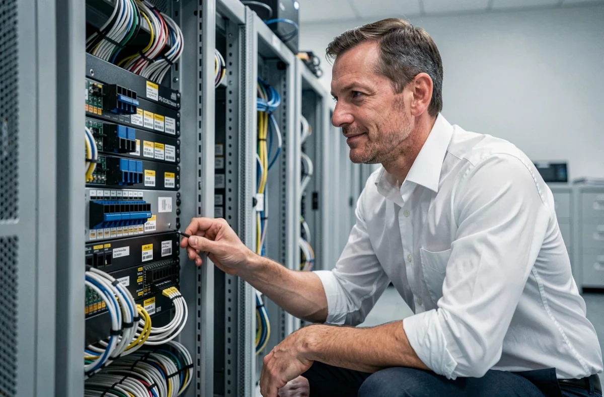 Technicien CIDEM en train d'effectuer la maintenance d'un rack serveur dans une salle informatique d'une PME lyonnaise