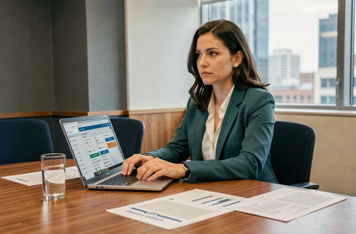 Cheffe de projet IT du Ciril Group travaillant sur une plateforme logicielle pour collectivités dans une salle de réunion professionnelle