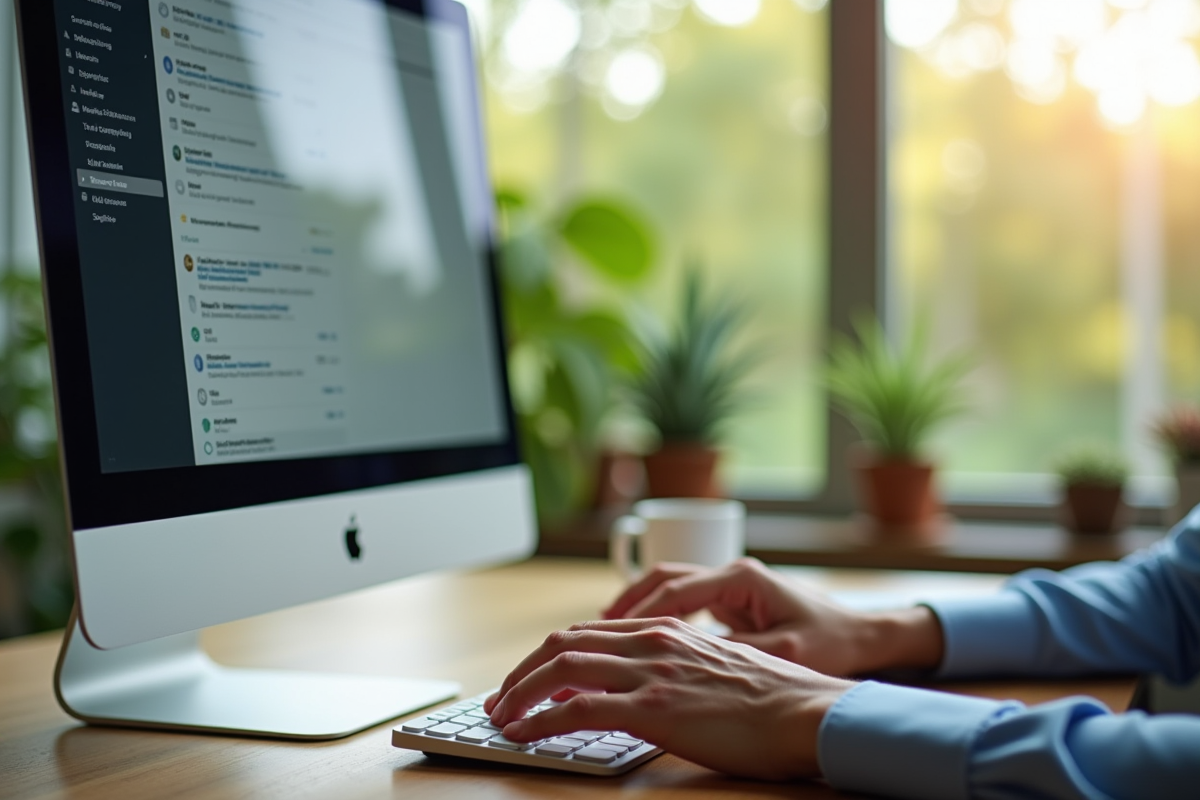 Mains tapant sur un clavier devant un grand écran montrant une boîte mail lumineuse