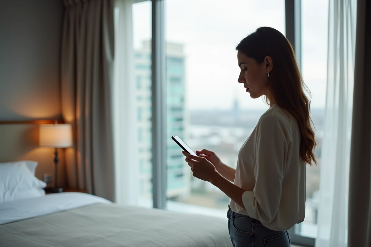 Cliente d'hôtel contrôlant les équipements de sa chambre connectée via une application smartphone