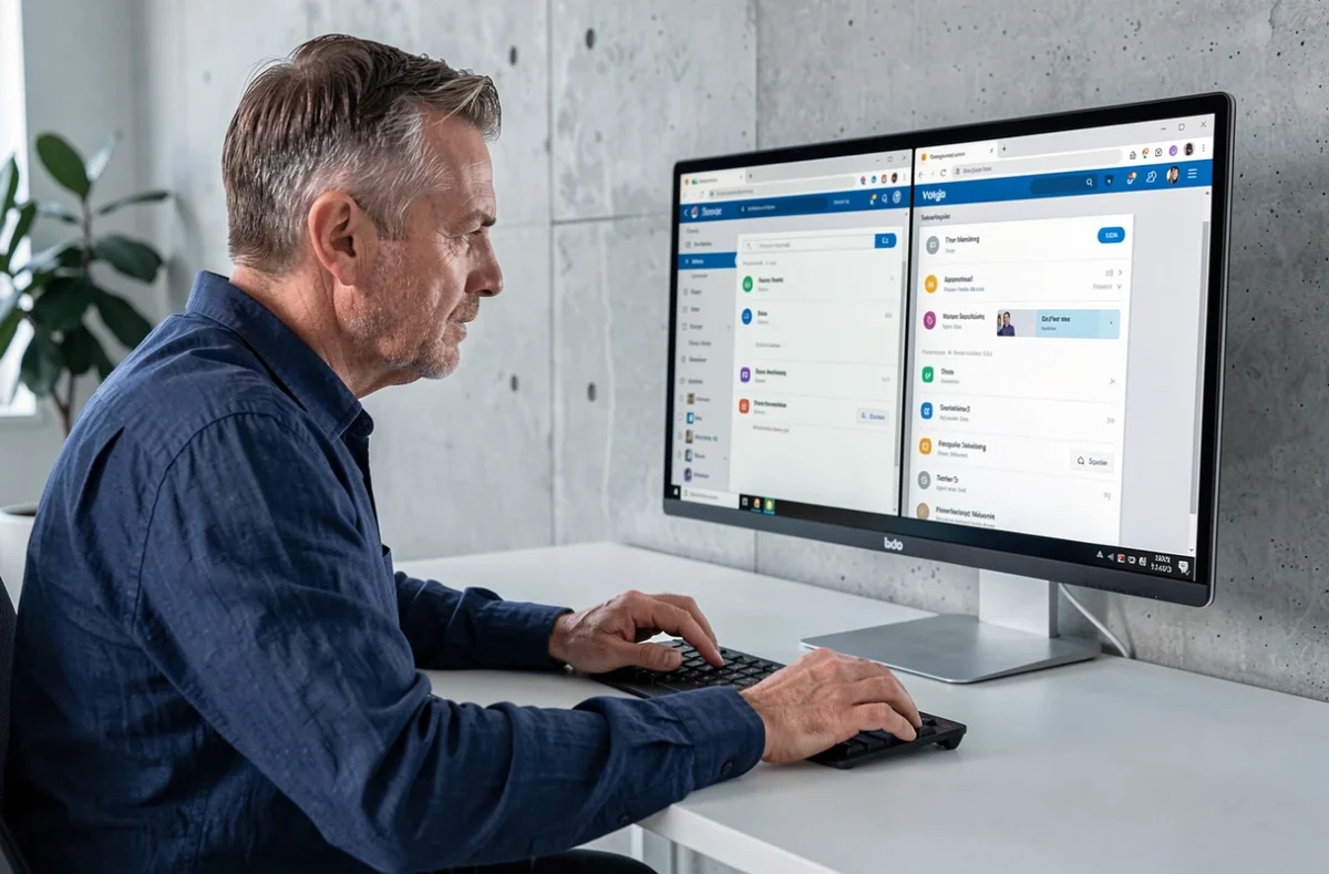 Homme comparant des services de stockage cloud alternatifs à Google Photos sur un ordinateur de bureau, dans un bureau moderne