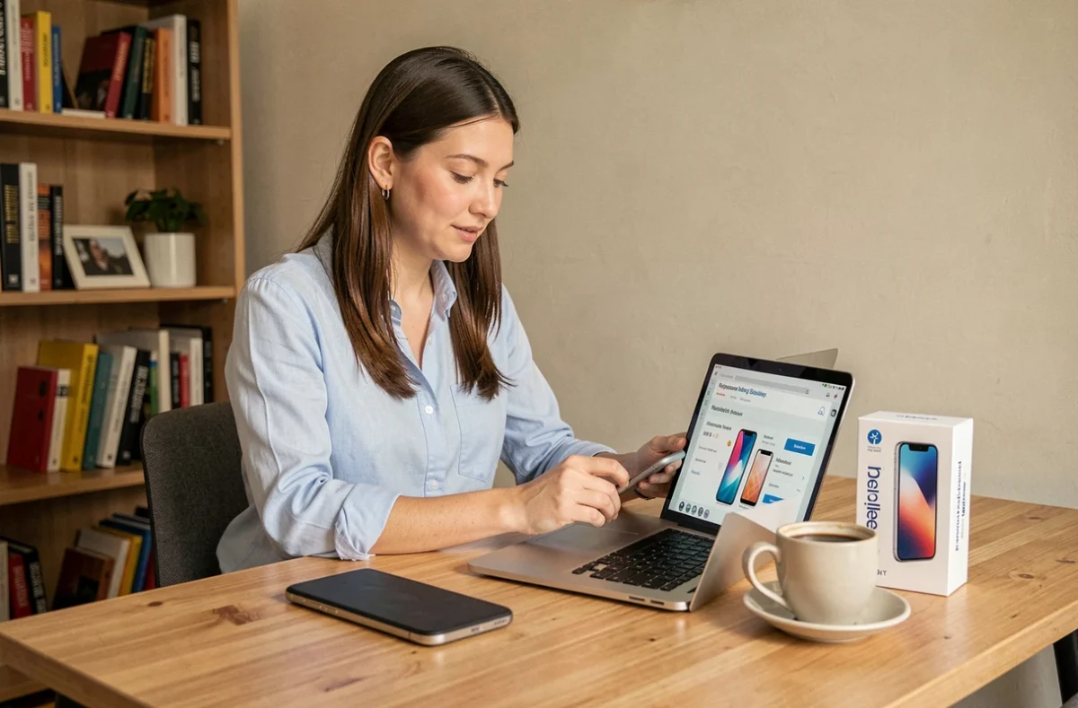 Femme comparant des offres de téléphones reconditionnés en ligne depuis son bureau
