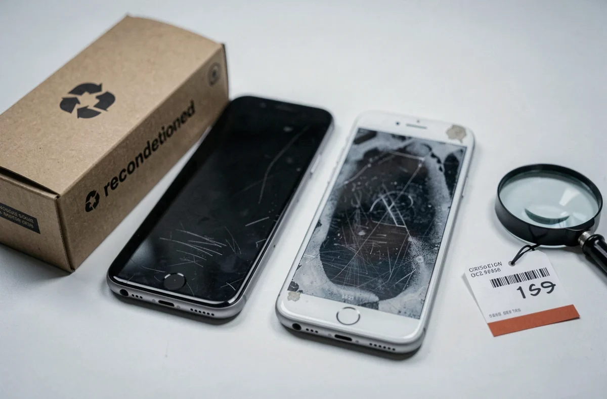 Comparatif de deux smartphones reconditionnés posés côte à côte avec étiquettes de prix