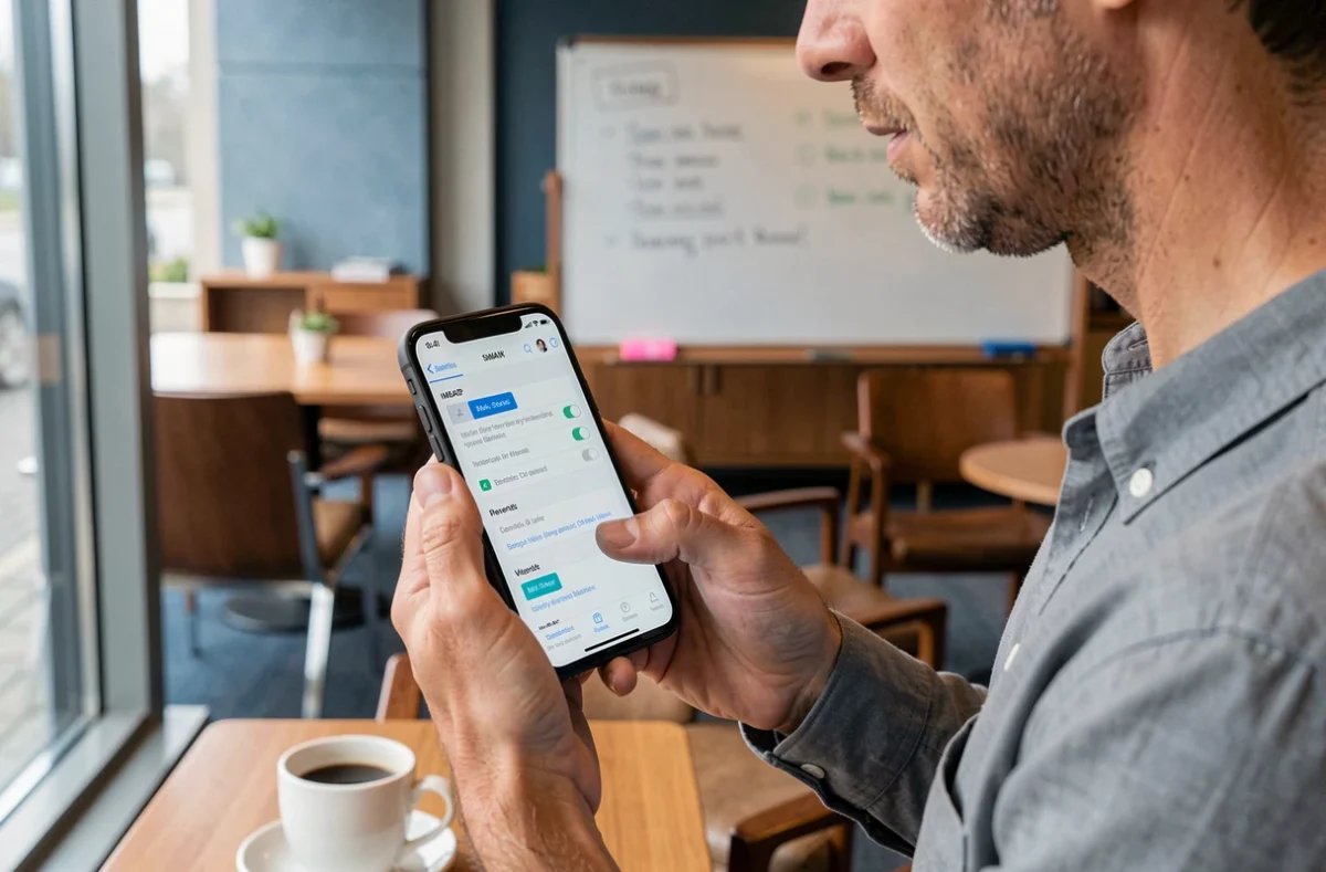 Enseignant configurant un compte mail académique IMAP sur iPhone dans une salle de réunion universitaire
