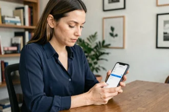 Femme configurant un webmail académique en IMAP sur smartphone Android dans un bureau à domicile