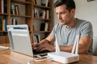 Homme connecté à son routeur via l'adresse IP 192.168.1.1 sur un ordinateur portable dans un bureau à domicile